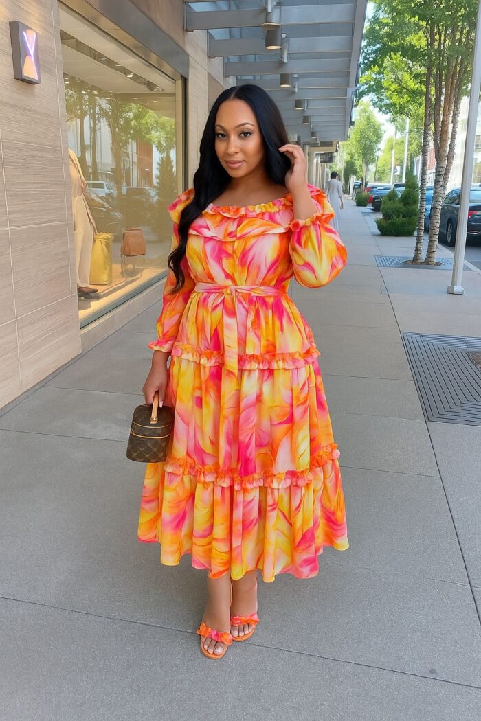 Floral Print Long Sleeve Midi Dress (D4651)